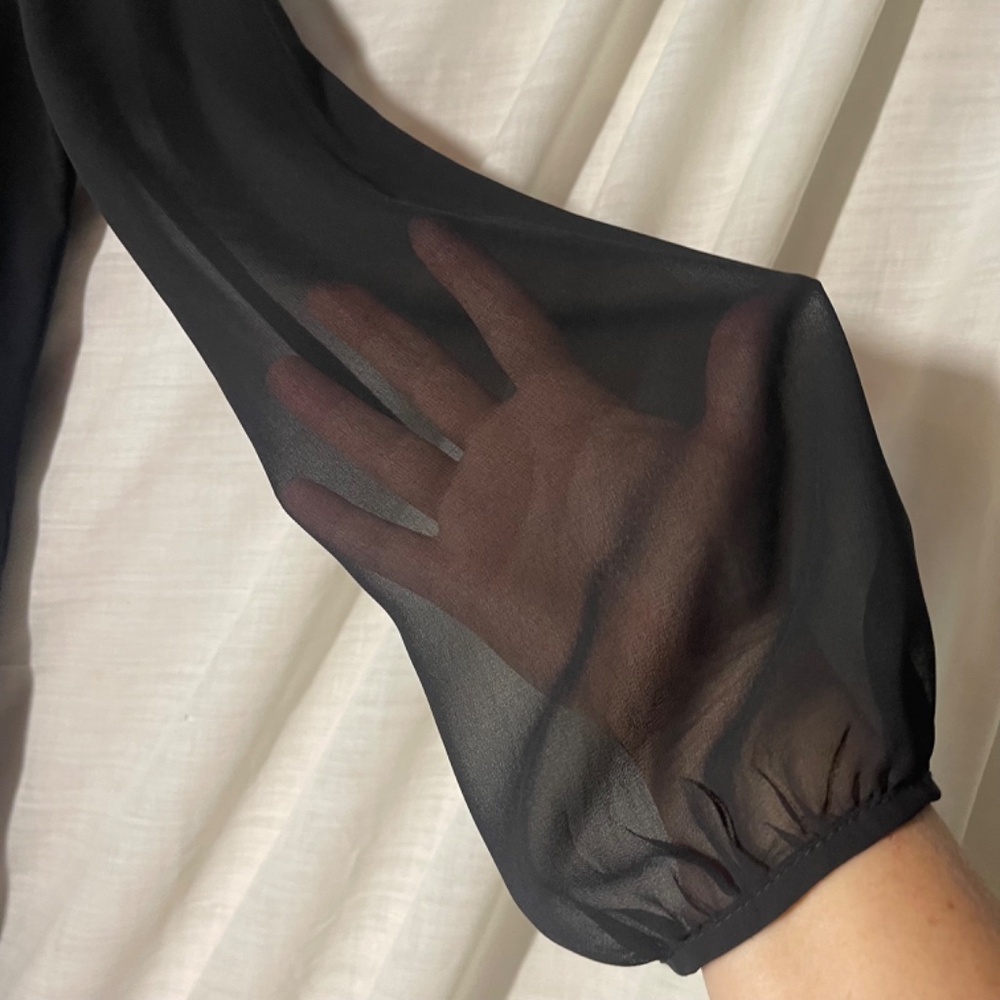 BCBGenerations Women’s Black Blouse. V neck front and back. Tie. Sheer sleeves. - Picture 3 of 8
